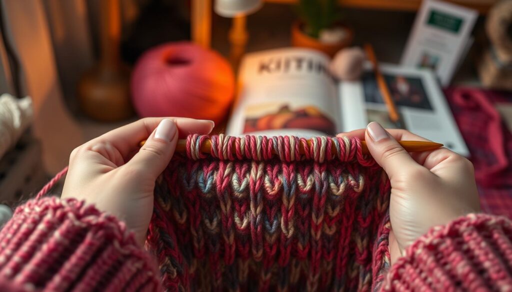A close-up view of a pair of hands skillfully demonstrating short rows knitting with vibrant, textured yarn in soothing, rich colors. The foreground features intricate stitches, showing the seamless transitions and curves created by the short-row technique. In the middle, a partial knitted piece is displayed on circular needles, highlighting the precision and artistry involved in the process. The background is softly blurred, with a cozy knitting space, including a softly glowing lamp, a skein of yarn, and a knitting pattern book. The lighting is warm and inviting, creating a calm and focused atmosphere, perfect for showcasing the finesse of seamless knitting techniques. The overall mood reflects creativity and craftsmanship, enticing viewers to delve into the world of knitting. A close-up view of a pair of hands skillfully demonstrating short rows knitting with vibrant, textured yarn in soothing, rich colors. The foreground features intricate stitches, showing the seamless transitions and curves created by the short-row technique. In the middle, a partial knitted piece is displayed on circular needles, highlighting the precision and artistry involved in the process. The background is softly blurred, with a cozy knitting space, including a softly glowing lamp, a skein of yarn, and a knitting pattern book. The lighting is warm and inviting, creating a calm and focused atmosphere, perfect for showcasing the finesse of seamless knitting techniques. The overall mood reflects creativity and craftsmanship, enticing viewers to delve into the world of knitting.