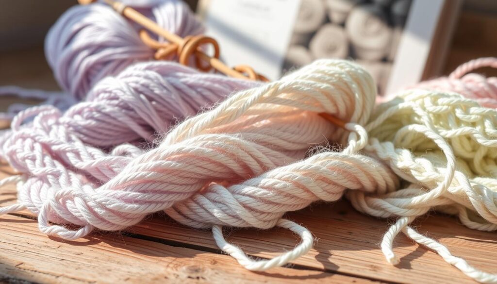 A close-up view of beautifully arranged lace-weight yarns in an array of soft, pastel colors like lavender, mint green, and pale pink. The yarns are delicately draped over a rustic wooden table, highlighting their light, airy texture. Soft, natural lighting casts gentle shadows, creating an inviting atmosphere that reflects elegance and craftsmanship. In the background, slightly blurred, showcase a vintage knitting needle and a lace knitting pattern book to suggest the art of lace knitting. The overall scene exudes tranquility and inspiration, inviting viewers to imagine the delicate lace creations that can be crafted from these yarns. A close-up view of beautifully arranged lace-weight yarns in an array of soft, pastel colors like lavender, mint green, and pale pink. The yarns are delicately draped over a rustic wooden table, highlighting their light, airy texture. Soft, natural lighting casts gentle shadows, creating an inviting atmosphere that reflects elegance and craftsmanship. In the background, slightly blurred, showcase a vintage knitting needle and a lace knitting pattern book to suggest the art of lace knitting. The overall scene exudes tranquility and inspiration, inviting viewers to imagine the delicate lace creations that can be crafted from these yarns.
