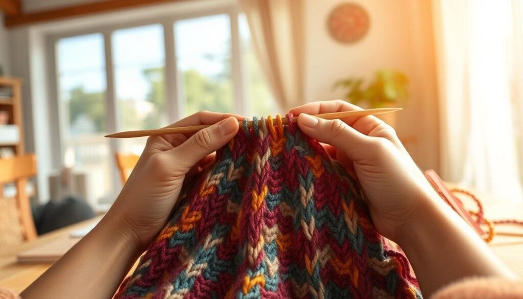 A close-up view of hands skillfully knitting backwards using the entrelac technique, featuring vibrant, multicolored yarn in various textures. The foreground showcases the intricate stitches being created, highlighting the unique diagonal patterns typical of entrelac. The background features a softly blurred indoor setting, with natural light streaming through a window, illuminating the yarn and creating a warm, inviting atmosphere. The surface where the knitting is taking place has a gentle wooden texture, further enhancing the cozy feel. The overall mood is relaxed and creative, reflecting the art of knitting and the satisfaction of mastering a unique technique. The image should be shot from a slightly elevated angle, capturing both the hands and the beautiful work in progress without any distractions or text. A close-up view of hands skillfully knitting backwards using the entrelac technique, featuring vibrant, multicolored yarn in various textures. The foreground showcases the intricate stitches being created, highlighting the unique diagonal patterns typical of entrelac. The background features a softly blurred indoor setting, with natural light streaming through a window, illuminating the yarn and creating a warm, inviting atmosphere. The surface where the knitting is taking place has a gentle wooden texture, further enhancing the cozy feel. The overall mood is relaxed and creative, reflecting the art of knitting and the satisfaction of mastering a unique technique. The image should be shot from a slightly elevated angle, capturing both the hands and the beautiful work in progress without any distractions or text.