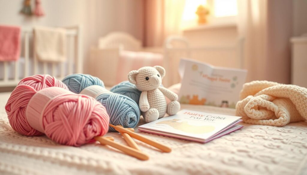 A cozy and inviting scene showcasing crochet kits designed for babies, arranged aesthetically on a soft pastel-colored blanket. The foreground features several crochet bundles—vibrant yarn skeins in shades of baby pink, blue, and cream—alongside wooden crochet hooks and a neatly folded pattern guide. In the middle, include a small, cute stuffed animal made from crochet, symbolizing a completed project. The background reveals a softly focused nursery setting with a gentle glow from a window, filtering in warm, natural light. The atmosphere is warm and welcoming, perfect for a baby shower theme, evoking a sense of joy and creativity. Use a shallow depth of field to create an intimate focus on the crochet kits, emphasizing their charm and appeal as thoughtful gifts for new parents. A cozy and inviting scene showcasing crochet kits designed for babies, arranged aesthetically on a soft pastel-colored blanket. The foreground features several crochet bundles—vibrant yarn skeins in shades of baby pink, blue, and cream—alongside wooden crochet hooks and a neatly folded pattern guide. In the middle, include a small, cute stuffed animal made from crochet, symbolizing a completed project. The background reveals a softly focused nursery setting with a gentle glow from a window, filtering in warm, natural light. The atmosphere is warm and welcoming, perfect for a baby shower theme, evoking a sense of joy and creativity. Use a shallow depth of field to create an intimate focus on the crochet kits, emphasizing their charm and appeal as thoughtful gifts for new parents.