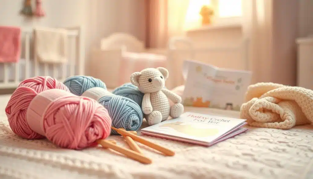 A cozy and inviting scene showcasing crochet kits designed for babies, arranged aesthetically on a soft pastel-colored blanket. The foreground features several crochet bundles—vibrant yarn skeins in shades of baby pink, blue, and cream—alongside wooden crochet hooks and a neatly folded pattern guide. In the middle, include a small, cute stuffed animal made from crochet, symbolizing a completed project. The background reveals a softly focused nursery setting with a gentle glow from a window, filtering in warm, natural light. The atmosphere is warm and welcoming, perfect for a baby shower theme, evoking a sense of joy and creativity. Use a shallow depth of field to create an intimate focus on the crochet kits, emphasizing their charm and appeal as thoughtful gifts for new parents. A cozy and inviting scene showcasing crochet kits designed for babies, arranged aesthetically on a soft pastel-colored blanket. The foreground features several crochet bundles—vibrant yarn skeins in shades of baby pink, blue, and cream—alongside wooden crochet hooks and a neatly folded pattern guide. In the middle, include a small, cute stuffed animal made from crochet, symbolizing a completed project. The background reveals a softly focused nursery setting with a gentle glow from a window, filtering in warm, natural light. The atmosphere is warm and welcoming, perfect for a baby shower theme, evoking a sense of joy and creativity. Use a shallow depth of field to create an intimate focus on the crochet kits, emphasizing their charm and appeal as thoughtful gifts for new parents.