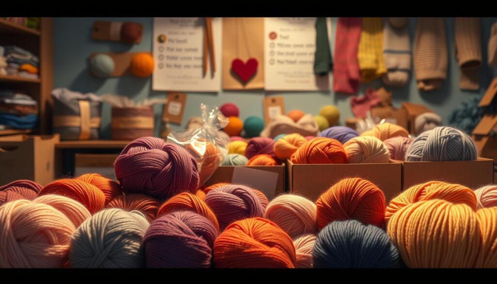 A cozy and inviting workspace showcasing a variety of yarn put-ups for knitting. In the foreground, focus on neatly arranged skeins of vibrant wool in various textures and colors, such as soft merino and colorful cotton. In the middle ground, display yarns in unique packaging, including transparent bags and cardboard boxes, emphasizing their practicality and organization. The background features a softly lit table adorned with knitting tools like needles and swatches of knitted fabric, adding depth and context. Use warm, ambient lighting to create a relaxed atmosphere. The composition should have a slight vignette effect, drawing attention to the yarns while highlighting their accessibility for crafters. A cozy and inviting workspace showcasing a variety of yarn put-ups for knitting. In the foreground, focus on neatly arranged skeins of vibrant wool in various textures and colors, such as soft merino and colorful cotton. In the middle ground, display yarns in unique packaging, including transparent bags and cardboard boxes, emphasizing their practicality and organization. The background features a softly lit table adorned with knitting tools like needles and swatches of knitted fabric, adding depth and context. Use warm, ambient lighting to create a relaxed atmosphere. The composition should have a slight vignette effect, drawing attention to the yarns while highlighting their accessibility for crafters.