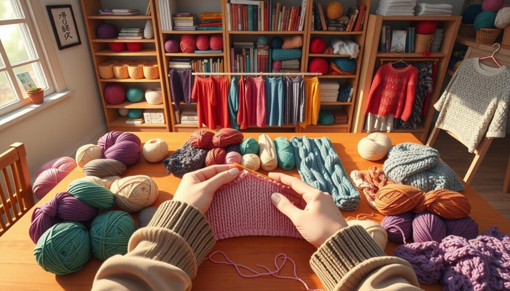 A cozy and well-lit knitting studio, featuring a large wooden table with skeins of various yarn colors arranged neatly. In the foreground, a pair of hands in modest casual clothing demonstrates seaming techniques on a partially completed knitting project, with needles glinting in the soft light. The middle ground showcases a vibrant array of completed knit pieces, highlighting both seamless and seamed techniques, each demonstrating intricate stitch patterns. The background exhibits shelves filled with knitting books and tools, creating an inviting atmosphere for creativity. The overall scene has a warm, inviting mood with soft shadows, captured from a bird's eye perspective to emphasize the details of the knitting process. A cozy and well-lit knitting studio, featuring a large wooden table with skeins of various yarn colors arranged neatly. In the foreground, a pair of hands in modest casual clothing demonstrates seaming techniques on a partially completed knitting project, with needles glinting in the soft light. The middle ground showcases a vibrant array of completed knit pieces, highlighting both seamless and seamed techniques, each demonstrating intricate stitch patterns. The background exhibits shelves filled with knitting books and tools, creating an inviting atmosphere for creativity. The overall scene has a warm, inviting mood with soft shadows, captured from a bird's eye perspective to emphasize the details of the knitting process.
