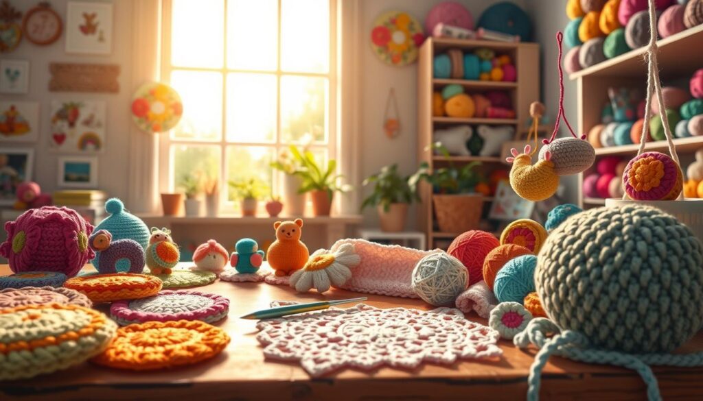 A cozy crochet workspace filled with vibrant, quick crochet gift ideas. In the foreground, a beautifully arranged assortment of completed crochet items, such as colorful coasters, small plush animals, and decorative plant hangers, all showcasing intricate stitching and various yarn textures. In the middle, a sunny window allows warm light to stream in, illuminating a crochet hook and a partially completed piece draped over a rustic wooden table. In the background, shelves filled with yarn in diverse colors create a cheerful, inviting atmosphere. The mood is uplifting and inspiring, encouraging creativity and the joy of crafting. Focus on a slightly elevated angle that captures the entire scene. A cozy crochet workspace filled with vibrant, quick crochet gift ideas. In the foreground, a beautifully arranged assortment of completed crochet items, such as colorful coasters, small plush animals, and decorative plant hangers, all showcasing intricate stitching and various yarn textures. In the middle, a sunny window allows warm light to stream in, illuminating a crochet hook and a partially completed piece draped over a rustic wooden table. In the background, shelves filled with yarn in diverse colors create a cheerful, inviting atmosphere. The mood is uplifting and inspiring, encouraging creativity and the joy of crafting. Focus on a slightly elevated angle that captures the entire scene.