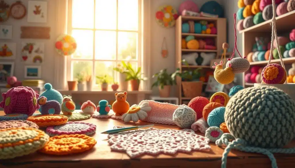 A cozy crochet workspace filled with vibrant, quick crochet gift ideas. In the foreground, a beautifully arranged assortment of completed crochet items, such as colorful coasters, small plush animals, and decorative plant hangers, all showcasing intricate stitching and various yarn textures. In the middle, a sunny window allows warm light to stream in, illuminating a crochet hook and a partially completed piece draped over a rustic wooden table. In the background, shelves filled with yarn in diverse colors create a cheerful, inviting atmosphere. The mood is uplifting and inspiring, encouraging creativity and the joy of crafting. Focus on a slightly elevated angle that captures the entire scene. A cozy crochet workspace filled with vibrant, quick crochet gift ideas. In the foreground, a beautifully arranged assortment of completed crochet items, such as colorful coasters, small plush animals, and decorative plant hangers, all showcasing intricate stitching and various yarn textures. In the middle, a sunny window allows warm light to stream in, illuminating a crochet hook and a partially completed piece draped over a rustic wooden table. In the background, shelves filled with yarn in diverse colors create a cheerful, inviting atmosphere. The mood is uplifting and inspiring, encouraging creativity and the joy of crafting. Focus on a slightly elevated angle that captures the entire scene.