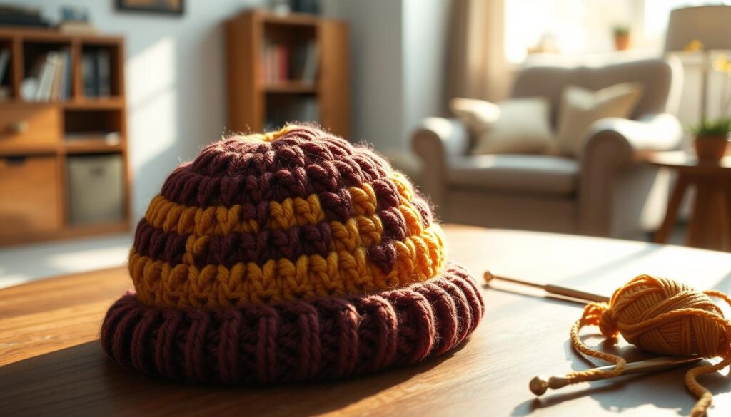 A cozy, hand-crocheted evening hat resting on a wooden table, showcasing intricate stitch patterns and a soft, chunky yarn texture. The hat, in warm autumn colors of deep burgundy and mustard yellow, is prominently displayed in the foreground, with natural sunlight illuminating its fibers, creating a gentle glow. In the middle ground, a pair of crochet needles and a skein of yarn lie casually, enhancing the DIY ambiance. The background features a softly blurred living room setting with a comfy armchair and a bookshelf, conveying a warm and inviting atmosphere. The scene is captured from a slightly elevated angle, emphasizing the hat’s details and the rich textures, inviting viewers to imagine the joy of creating and gifting crochet projects. A cozy, hand-crocheted evening hat resting on a wooden table, showcasing intricate stitch patterns and a soft, chunky yarn texture. The hat, in warm autumn colors of deep burgundy and mustard yellow, is prominently displayed in the foreground, with natural sunlight illuminating its fibers, creating a gentle glow. In the middle ground, a pair of crochet needles and a skein of yarn lie casually, enhancing the DIY ambiance. The background features a softly blurred living room setting with a comfy armchair and a bookshelf, conveying a warm and inviting atmosphere. The scene is captured from a slightly elevated angle, emphasizing the hat’s details and the rich textures, inviting viewers to imagine the joy of creating and gifting crochet projects.