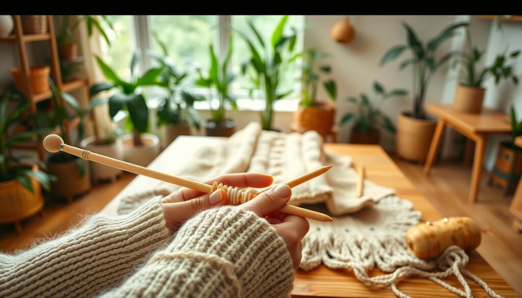 A cozy indoor knitting setup featuring various bamboo knitting techniques. In the foreground, a pair of elegant bamboo knitting needles clutched in the hands of a person wearing a soft sweater, focused on a section of intricate knitting patterns. The middle area showcases a beautifully knitted bamboo yarn piece draped over a wooden table, highlighting the smooth texture and natural sheen of the bamboo fibers. In the background, a well-lit room filled with plants and soft lighting creates a serene atmosphere, enhancing the eco-friendly mood. The angle captures the knitting process with warmth and intimacy, reflecting the stylish and sustainable nature of bamboo knitting. A cozy indoor knitting setup featuring various bamboo knitting techniques. In the foreground, a pair of elegant bamboo knitting needles clutched in the hands of a person wearing a soft sweater, focused on a section of intricate knitting patterns. The middle area showcases a beautifully knitted bamboo yarn piece draped over a wooden table, highlighting the smooth texture and natural sheen of the bamboo fibers. In the background, a well-lit room filled with plants and soft lighting creates a serene atmosphere, enhancing the eco-friendly mood. The angle captures the knitting process with warmth and intimacy, reflecting the stylish and sustainable nature of bamboo knitting.
