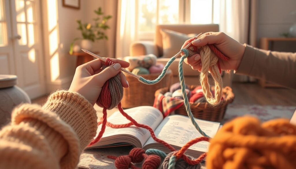 A cozy indoor scene featuring a pair of hands skillfully knitting with two different yarns using hybrid techniques. In the foreground, close-up of the hands, one employing the Continental technique while the other uses the English method, showcasing the blend of styles. Different colored yarns swirl together in a vibrant tapestry of texture. In the middle ground, an open knitting book lies beside a basket filled with various yarns, illustrating tools for hybrid knitting methods. Soft, warm lighting from a nearby window casts gentle shadows, creating an inviting atmosphere. The background features a calm living room décor with a comfy armchair, emphasizing a serene and focused mood. The image captures the essence of merging knitting styles, celebrating creativity and skill. A cozy indoor scene featuring a pair of hands skillfully knitting with two different yarns using hybrid techniques. In the foreground, close-up of the hands, one employing the Continental technique while the other uses the English method, showcasing the blend of styles. Different colored yarns swirl together in a vibrant tapestry of texture. In the middle ground, an open knitting book lies beside a basket filled with various yarns, illustrating tools for hybrid knitting methods. Soft, warm lighting from a nearby window casts gentle shadows, creating an inviting atmosphere. The background features a calm living room décor with a comfy armchair, emphasizing a serene and focused mood. The image captures the essence of merging knitting styles, celebrating creativity and skill.