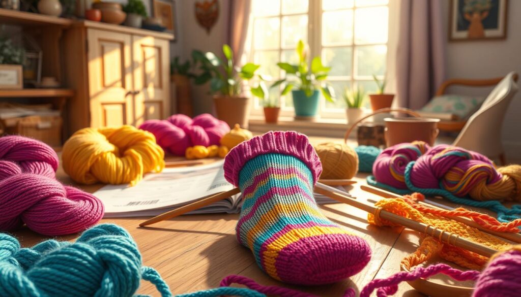 A cozy indoor scene featuring an array of colorful scrappy sock yarn projects in various stages of completion. In the foreground, a wooden table is adorned with vibrant skeins of yarn in shades of turquoise, magenta, and sunny yellow, alongside open knitting patterns and handmade tools. In the middle, open knitting needles are partially covered with a half-finished sock, showcasing intricate stitch patterns that blend the different yarn colors. The background reveals a sunny window with soft, natural light streaming in, casting gentle shadows across the room. The atmosphere is warm and inviting, reflecting a sense of community and creativity. A hint of greenery from potted plants adds to the homely feel, while the overall composition conveys a passion for crafting and inspiration from shared experiences. A cozy indoor scene featuring an array of colorful scrappy sock yarn projects in various stages of completion. In the foreground, a wooden table is adorned with vibrant skeins of yarn in shades of turquoise, magenta, and sunny yellow, alongside open knitting patterns and handmade tools. In the middle, open knitting needles are partially covered with a half-finished sock, showcasing intricate stitch patterns that blend the different yarn colors. The background reveals a sunny window with soft, natural light streaming in, casting gentle shadows across the room. The atmosphere is warm and inviting, reflecting a sense of community and creativity. A hint of greenery from potted plants adds to the homely feel, while the overall composition conveys a passion for crafting and inspiration from shared experiences.