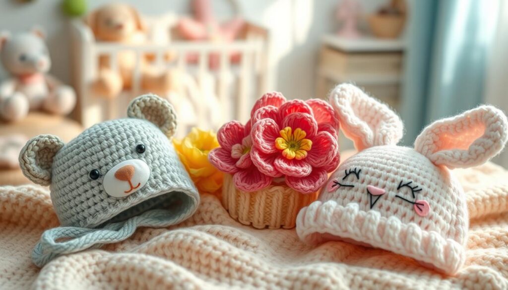 A cozy, inviting scene featuring a collection of adorable crochet baby hats displayed on a soft, textured blanket. In the foreground, showcase a variety of hats in pastel colors, including a cute bear hat, a vibrant flower hat, and a whimsical bunny hat, each with intricate detailing and delicate stitches. The middle layer includes gentle natural lighting that accentuates the soft yarn textures, creating a warm atmosphere. In the background, softly blurred items such as plush toys and a nursery setup add context but do not distract from the hats. The overall mood is joyful and nurturing, emphasizing the charm of handmade baby accessories perfect for gifts and cherished moments. A cozy, inviting scene featuring a collection of adorable crochet baby hats displayed on a soft, textured blanket. In the foreground, showcase a variety of hats in pastel colors, including a cute bear hat, a vibrant flower hat, and a whimsical bunny hat, each with intricate detailing and delicate stitches. The middle layer includes gentle natural lighting that accentuates the soft yarn textures, creating a warm atmosphere. In the background, softly blurred items such as plush toys and a nursery setup add context but do not distract from the hats. The overall mood is joyful and nurturing, emphasizing the charm of handmade baby accessories perfect for gifts and cherished moments.