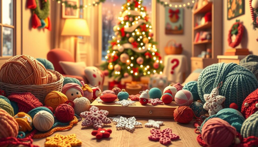 A cozy, inviting scene showcasing an array of no-sew holiday crochet pieces, including festive ornaments, garlands, and small themed decorations like snowflakes and mini stockings. The foreground features a vibrant assortment of colorful yarns, crochet hooks, and finished projects artfully arranged. In the middle, a lightly textured wooden table supports finished crochet items, with a soft-focus on beautifully crafted ornaments sparkling gently. The background includes a softly lit, wintry scene with a decorated tree subtly glowing, surrounded by a warm, inviting atmosphere. The lighting is warm and soft, evoking a sense of comfort and creativity, while capturing the joy of holiday crafting. A cozy, inviting scene showcasing an array of no-sew holiday crochet pieces, including festive ornaments, garlands, and small themed decorations like snowflakes and mini stockings. The foreground features a vibrant assortment of colorful yarns, crochet hooks, and finished projects artfully arranged. In the middle, a lightly textured wooden table supports finished crochet items, with a soft-focus on beautifully crafted ornaments sparkling gently. The background includes a softly lit, wintry scene with a decorated tree subtly glowing, surrounded by a warm, inviting atmosphere. The lighting is warm and soft, evoking a sense of comfort and creativity, while capturing the joy of holiday crafting.