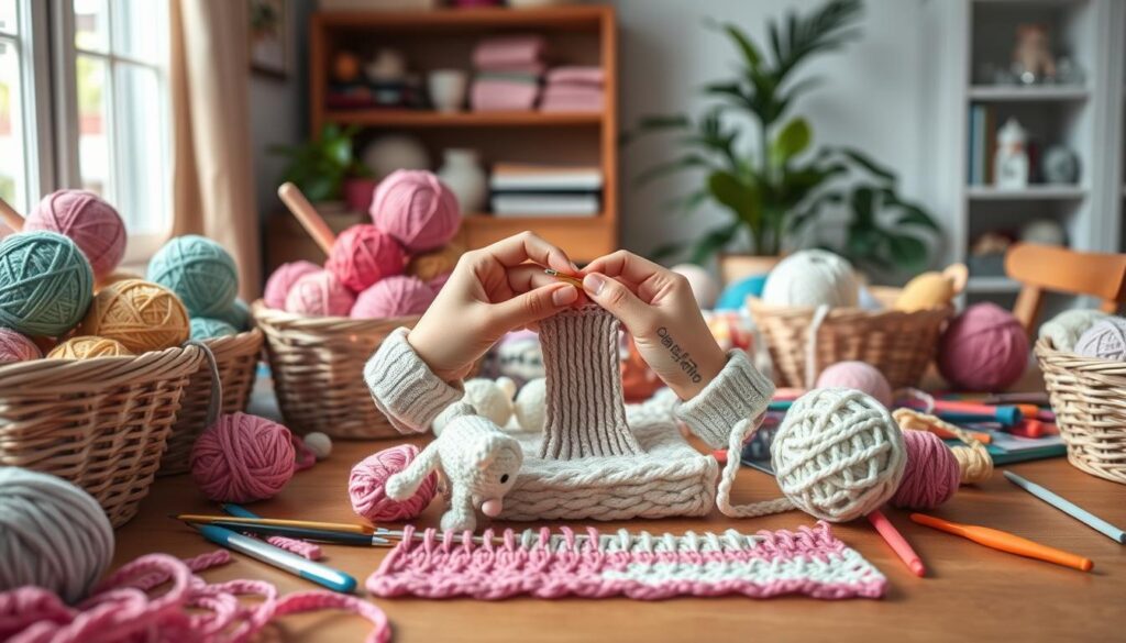 A cozy, inviting workspace filled with vibrant yarn in various pastel colors, neatly arranged in baskets. In the foreground, a set of amigurumi crochet hooks of different sizes and several samples of basic stitch patterns laid out, showcasing single crochet, double crochet, and slip stitch techniques. In the middle, a set of hands skillfully demonstrating a basic amigurumi stitch on a piece of yarn, wearing modest wrist guards. Soft, diffused natural light streams in from a nearby window, creating a warm atmosphere and highlighting the texture of the yarn and stitches. The background shows a wooden table cluttered with craft materials, with plants and a softly blurred bookshelf, fostering an inviting and creative mood for beginners in amigurumi crafting. A cozy, inviting workspace filled with vibrant yarn in various pastel colors, neatly arranged in baskets. In the foreground, a set of amigurumi crochet hooks of different sizes and several samples of basic stitch patterns laid out, showcasing single crochet, double crochet, and slip stitch techniques. In the middle, a set of hands skillfully demonstrating a basic amigurumi stitch on a piece of yarn, wearing modest wrist guards. Soft, diffused natural light streams in from a nearby window, creating a warm atmosphere and highlighting the texture of the yarn and stitches. The background shows a wooden table cluttered with craft materials, with plants and a softly blurred bookshelf, fostering an inviting and creative mood for beginners in amigurumi crafting.