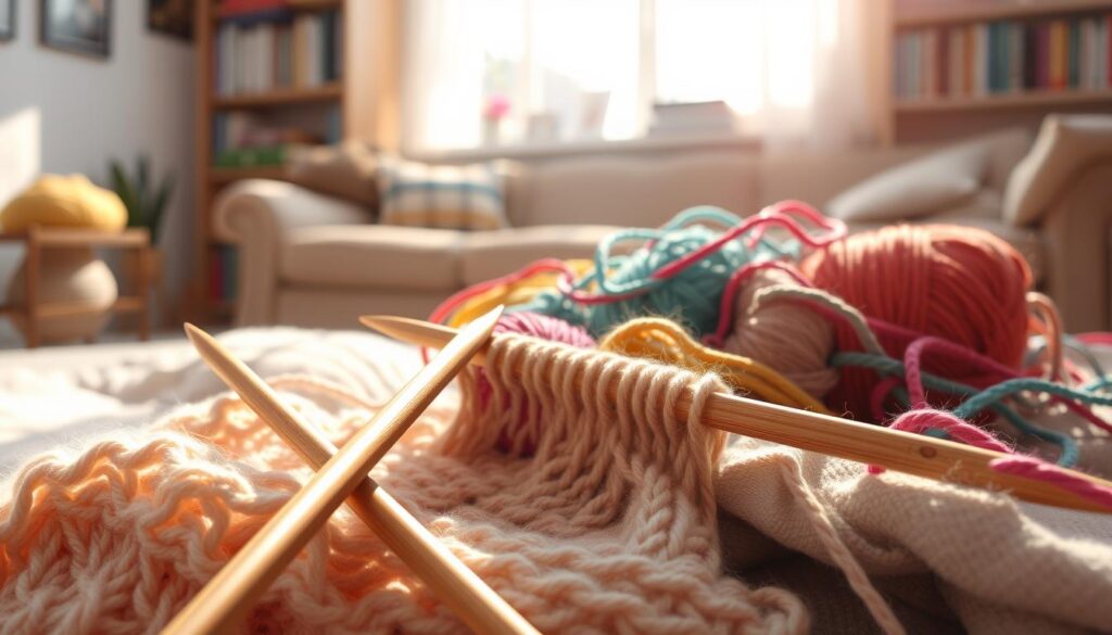 A cozy knitting setup featuring vibrant lifelines delicately intertwined with colorful yarn. In the foreground, a pair of wooden knitting needles rests on a soft, knitted fabric. Soft, natural light pours in from a nearby window, casting gentle shadows that enhance the texture of the yarn and fabric. In the middle, a neatly organized array of different colored yarns and lifelines creates a harmonious scene of creativity, with the lifelines appearing almost like threads of light weaving through the chaos of craft supplies. The background shows a warm, inviting living room with hints of a bookshelf filled with knitting books, softly blurred to ensure focus on the tools. The overall mood is calm and inspiring, encouraging a safe and productive environment for tinking and frogging. A cozy knitting setup featuring vibrant lifelines delicately intertwined with colorful yarn. In the foreground, a pair of wooden knitting needles rests on a soft, knitted fabric. Soft, natural light pours in from a nearby window, casting gentle shadows that enhance the texture of the yarn and fabric. In the middle, a neatly organized array of different colored yarns and lifelines creates a harmonious scene of creativity, with the lifelines appearing almost like threads of light weaving through the chaos of craft supplies. The background shows a warm, inviting living room with hints of a bookshelf filled with knitting books, softly blurred to ensure focus on the tools. The overall mood is calm and inspiring, encouraging a safe and productive environment for tinking and frogging.