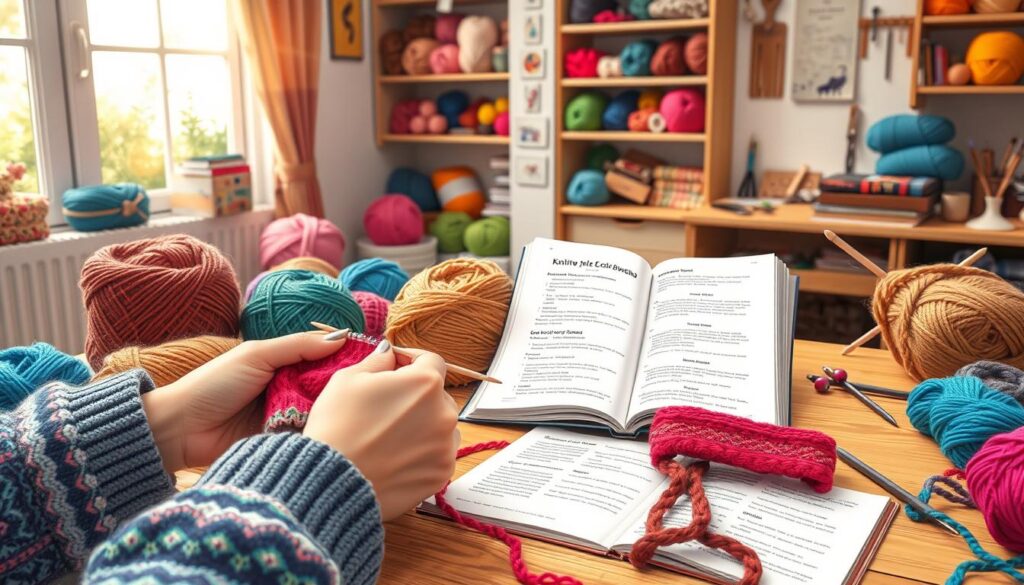 A cozy knitting workspace featuring a variety of colorful yarns traditionally used in Fair Isle colorwork, prominently displayed on a wooden table. In the foreground, a pair of hands skillfully knitting with bright yarns, showcasing a vibrant pattern in progress. In the middle ground, an open knitting book with detailed illustrations and notes on colorwork techniques alongside some pattern swatches. The background reveals a softly lit room with shelves filled with more yarn, tools, and a warm, inviting ambiance created by gentle, diffused light filtering through a window. The atmosphere is creative and inspiring, perfect for learning and exploring new knitting techniques. A cozy knitting workspace featuring a variety of colorful yarns traditionally used in Fair Isle colorwork, prominently displayed on a wooden table. In the foreground, a pair of hands skillfully knitting with bright yarns, showcasing a vibrant pattern in progress. In the middle ground, an open knitting book with detailed illustrations and notes on colorwork techniques alongside some pattern swatches. The background reveals a softly lit room with shelves filled with more yarn, tools, and a warm, inviting ambiance created by gentle, diffused light filtering through a window. The atmosphere is creative and inspiring, perfect for learning and exploring new knitting techniques.
