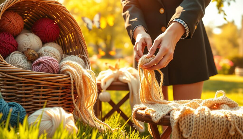 A cozy outdoor scene featuring a variety of lightweight yarns spilling from a wooden basket, showcasing vibrant colors and textures like cotton and linen blends. In the foreground, a pair of hands, dressed in modest, professional attire, is skillfully fingering a soft yarn, demonstrating a crafting technique. The middle ground displays a knitted project draped over a small table, with a sunny backdrop of blooming flowers and butterflies. The background features a softly blurred park scene, bathed in warm, golden sunlight, creating a serene and inviting atmosphere. The image conveys a sense of creativity and warmth, perfect for a delightful warm-weather crafting theme. Use a soft focus effect with natural lighting to enhance the inviting mood. A cozy outdoor scene featuring a variety of lightweight yarns spilling from a wooden basket, showcasing vibrant colors and textures like cotton and linen blends. In the foreground, a pair of hands, dressed in modest, professional attire, is skillfully fingering a soft yarn, demonstrating a crafting technique. The middle ground displays a knitted project draped over a small table, with a sunny backdrop of blooming flowers and butterflies. The background features a softly blurred park scene, bathed in warm, golden sunlight, creating a serene and inviting atmosphere. The image conveys a sense of creativity and warmth, perfect for a delightful warm-weather crafting theme. Use a soft focus effect with natural lighting to enhance the inviting mood.