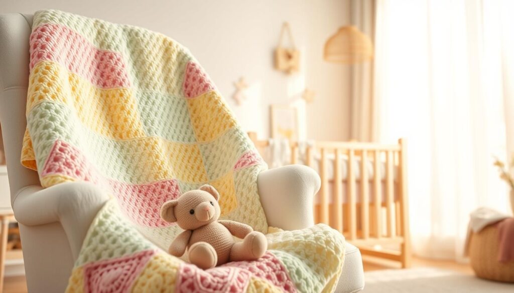 A cozy scene featuring a soft, textured chenille baby blanket, elegantly draped over a plush white rocking chair in a softly lit nursery. The blanket showcases intricate crochet patterns in pastel shades of pink, yellow, and mint green, exuding warmth and comfort. In the foreground, a small plush toy sits playfully on the blanket, inviting a sense of innocence and joy. The middle ground reveals a delicate wooden crib, adorned with fluffy bedding and gentle decor. In the background, warm natural light filters through sheer white curtains, creating a serene, soothing atmosphere. The overall mood is tranquil and nurturing, perfect for a baby's room, captured with a soft focus lens to emphasize the softness and texture of the blanket. A cozy scene featuring a soft, textured chenille baby blanket, elegantly draped over a plush white rocking chair in a softly lit nursery. The blanket showcases intricate crochet patterns in pastel shades of pink, yellow, and mint green, exuding warmth and comfort. In the foreground, a small plush toy sits playfully on the blanket, inviting a sense of innocence and joy. The middle ground reveals a delicate wooden crib, adorned with fluffy bedding and gentle decor. In the background, warm natural light filters through sheer white curtains, creating a serene, soothing atmosphere. The overall mood is tranquil and nurturing, perfect for a baby's room, captured with a soft focus lens to emphasize the softness and texture of the blanket.