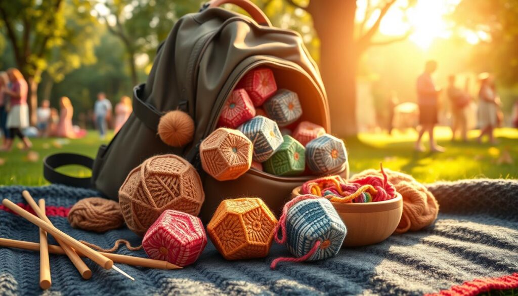 A cozy scene showcasing a collection of colorful, portable hexipuffs arranged artfully on a knitted blanket. In the foreground, a few hexipuffs are uncurling next to a set of bamboo knitting needles and a small, stylish yarn bowl filled with vibrant scraps of yarn. In the middle, a backpack partially unzipped reveals more hexipuffs, each displaying unique patterns and textures, suggesting creativity and warmth. In the background, a park setting with soft sunlight filtering through leaves creates a tranquil atmosphere, complemented by blurred figures of knitters in modest, casual clothing enjoying the festival. The lighting is warm, inviting, and emphasizes the textures of the yarn and knitted items. The overall mood is cheerful and inspiring, perfect for a crafty gathering. A cozy scene showcasing a collection of colorful, portable hexipuffs arranged artfully on a knitted blanket. In the foreground, a few hexipuffs are uncurling next to a set of bamboo knitting needles and a small, stylish yarn bowl filled with vibrant scraps of yarn. In the middle, a backpack partially unzipped reveals more hexipuffs, each displaying unique patterns and textures, suggesting creativity and warmth. In the background, a park setting with soft sunlight filtering through leaves creates a tranquil atmosphere, complemented by blurred figures of knitters in modest, casual clothing enjoying the festival. The lighting is warm, inviting, and emphasizes the textures of the yarn and knitted items. The overall mood is cheerful and inspiring, perfect for a crafty gathering.