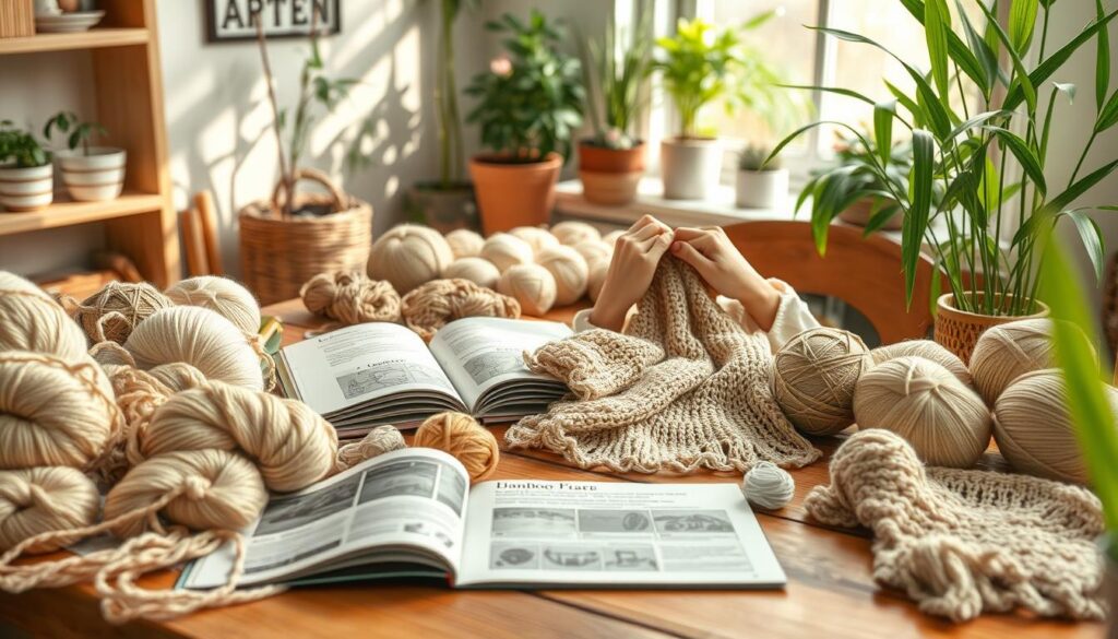 A cozy workspace featuring a beautiful array of bamboo knitting projects, neatly arranged on a rustic wooden table. In the foreground, showcase various handmade bamboo yarns in soft, natural colors alongside an open knitting pattern book displaying intricate patterns. The middle ground includes a pair of hands delicately working on a bamboo scarf, wearing modest, casual clothing, reflecting the community aspect of knitting. In the background, soft natural light filters in through a window adorned with plants, enhancing the eco-friendly atmosphere. The overall mood is warm and inviting, encouraging creativity and inspiration in a supportive environment. Photographed with a shallow depth of field to emphasize the knitting projects while softly blurring the background elements. A cozy workspace featuring a beautiful array of bamboo knitting projects, neatly arranged on a rustic wooden table. In the foreground, showcase various handmade bamboo yarns in soft, natural colors alongside an open knitting pattern book displaying intricate patterns. The middle ground includes a pair of hands delicately working on a bamboo scarf, wearing modest, casual clothing, reflecting the community aspect of knitting. In the background, soft natural light filters in through a window adorned with plants, enhancing the eco-friendly atmosphere. The overall mood is warm and inviting, encouraging creativity and inspiration in a supportive environment. Photographed with a shallow depth of field to emphasize the knitting projects while softly blurring the background elements.
