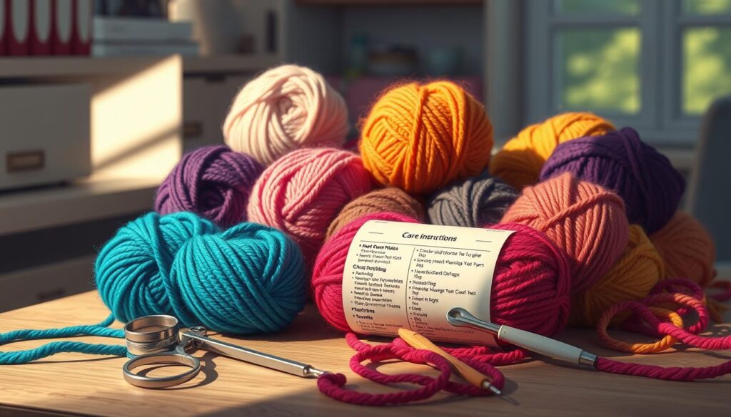 A cozy workspace featuring a neatly organized table with vibrant skeins of velvet yarn in various colors, showcasing their luxurious texture. In the foreground, a pair of well-worn scissors and a crochet hook rest beside an open yarn label displaying care instructions. The middle section presents an artistic arrangement of the yarn, with subtle shadows and highlights emphasizing the softness and plush quality of the fibers. The background includes soft, diffused natural light filtering through a nearby window, creating a warm and inviting atmosphere. The scene captures a creative and informative mood, perfect for those looking to understand how to care for their velvet yarn projects. A cozy workspace featuring a neatly organized table with vibrant skeins of velvet yarn in various colors, showcasing their luxurious texture. In the foreground, a pair of well-worn scissors and a crochet hook rest beside an open yarn label displaying care instructions. The middle section presents an artistic arrangement of the yarn, with subtle shadows and highlights emphasizing the softness and plush quality of the fibers. The background includes soft, diffused natural light filtering through a nearby window, creating a warm and inviting atmosphere. The scene captures a creative and informative mood, perfect for those looking to understand how to care for their velvet yarn projects.