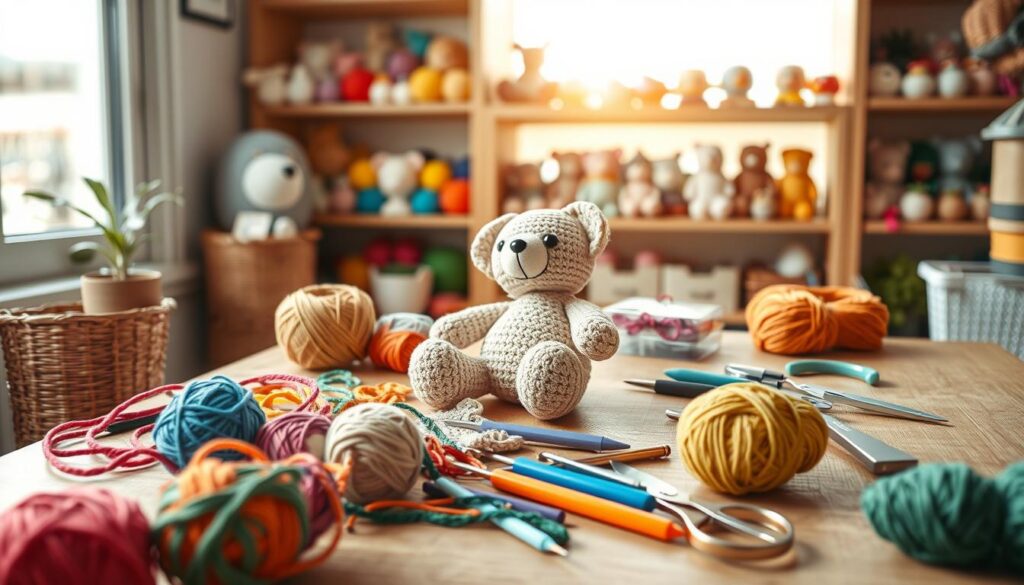 A cozy workspace featuring a step-by-step amigurumi project in progress. In the foreground, a well-organized crochet toolkit with colorful yarn balls, crochet hooks, and scissors laid out neatly. The middle layer includes an unfinished amigurumi character, perhaps a cute teddy bear, partially shaped with visible stitches. Bright natural lighting floods the scene from a nearby window, enhancing the vibrant colors of the yarn. In the background, a soft-focus view of a craft shelf filled with completed amigurumi creations, showcasing diversity in design. The atmosphere is warm, inviting, and creative, perfect for beginners embarking on their first amigurumi project. The composition should evoke the joy and fun of crafting, captured with a slightly overhead angle to provide a comprehensive view of the workflow. A cozy workspace featuring a step-by-step amigurumi project in progress. In the foreground, a well-organized crochet toolkit with colorful yarn balls, crochet hooks, and scissors laid out neatly. The middle layer includes an unfinished amigurumi character, perhaps a cute teddy bear, partially shaped with visible stitches. Bright natural lighting floods the scene from a nearby window, enhancing the vibrant colors of the yarn. In the background, a soft-focus view of a craft shelf filled with completed amigurumi creations, showcasing diversity in design. The atmosphere is warm, inviting, and creative, perfect for beginners embarking on their first amigurumi project. The composition should evoke the joy and fun of crafting, captured with a slightly overhead angle to provide a comprehensive view of the workflow.