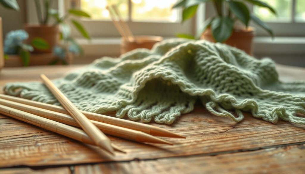 A detailed composition showcasing an array of bamboo knitting needles elegantly arranged on a rustic wooden surface. In the foreground, focus on a few needles, highlighting their smooth finish and natural greenish hues, evoking a sense of warmth and comfort. In the middle ground, include a partially knitted summer scarf made from lightweight yarn, gently draping alongside the needles. The background should feature soft, diffused natural light filtering in from a nearby window, creating a serene atmosphere. Emphasize the cozy, peaceful ambiance of summer knitting, with hints of nature suggesting a relaxing day spent in crafting. The scene should evoke a sense of creativity and comfort, perfect for a summer day indoors. A detailed composition showcasing an array of bamboo knitting needles elegantly arranged on a rustic wooden surface. In the foreground, focus on a few needles, highlighting their smooth finish and natural greenish hues, evoking a sense of warmth and comfort. In the middle ground, include a partially knitted summer scarf made from lightweight yarn, gently draping alongside the needles. The background should feature soft, diffused natural light filtering in from a nearby window, creating a serene atmosphere. Emphasize the cozy, peaceful ambiance of summer knitting, with hints of nature suggesting a relaxing day spent in crafting. The scene should evoke a sense of creativity and comfort, perfect for a summer day indoors.