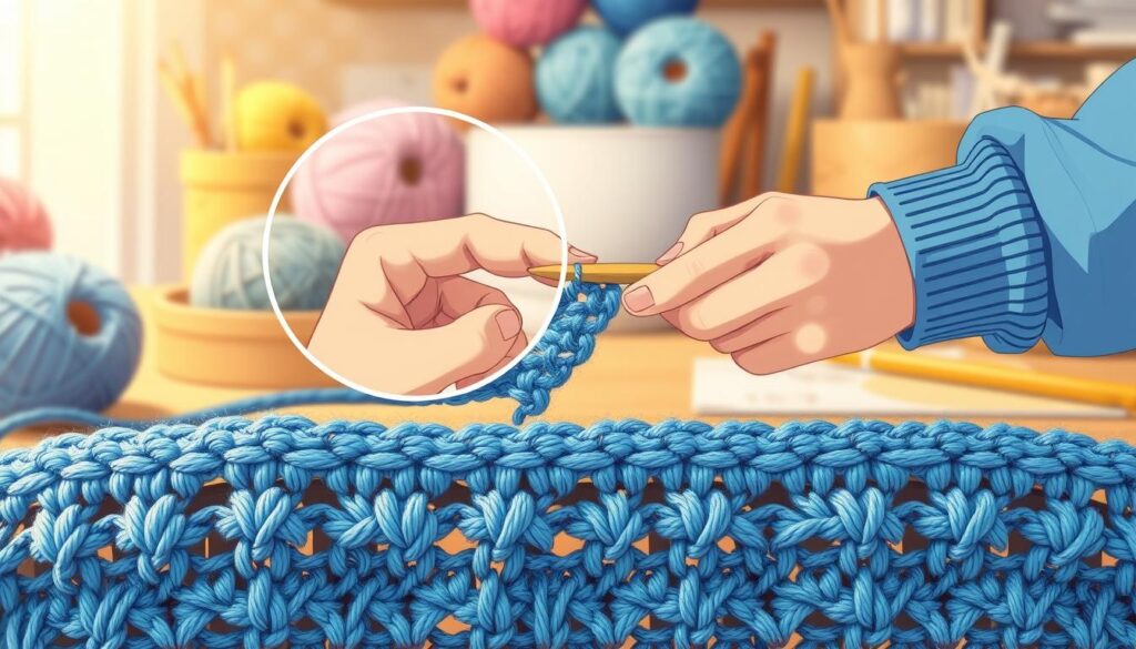 A detailed illustration of crochet stitch anatomy, focusing on the invisible seam technique. In the foreground, showcase a partially completed crochet piece with intricate stitches, emphasizing the invisible join in vibrant colors, such as deep blues and soft pastels. In the middle, depict a pair of hands skillfully manipulating the yarn and hook, with a close-up view highlighting the stitching technique, ensuring the hands are adorned in modest casual attire. In the background, a softly blurred crochet workspace featuring yarn skeins and tools creates a cozy, inviting atmosphere. Use warm, diffused lighting to enhance the earthiness of the scene, capturing the essence of creating a seamless crochet project. Emphasize a calm, focused mood, perfect for engaging crochet enthusiasts. A detailed illustration of crochet stitch anatomy, focusing on the invisible seam technique. In the foreground, showcase a partially completed crochet piece with intricate stitches, emphasizing the invisible join in vibrant colors, such as deep blues and soft pastels. In the middle, depict a pair of hands skillfully manipulating the yarn and hook, with a close-up view highlighting the stitching technique, ensuring the hands are adorned in modest casual attire. In the background, a softly blurred crochet workspace featuring yarn skeins and tools creates a cozy, inviting atmosphere. Use warm, diffused lighting to enhance the earthiness of the scene, capturing the essence of creating a seamless crochet project. Emphasize a calm, focused mood, perfect for engaging crochet enthusiasts.