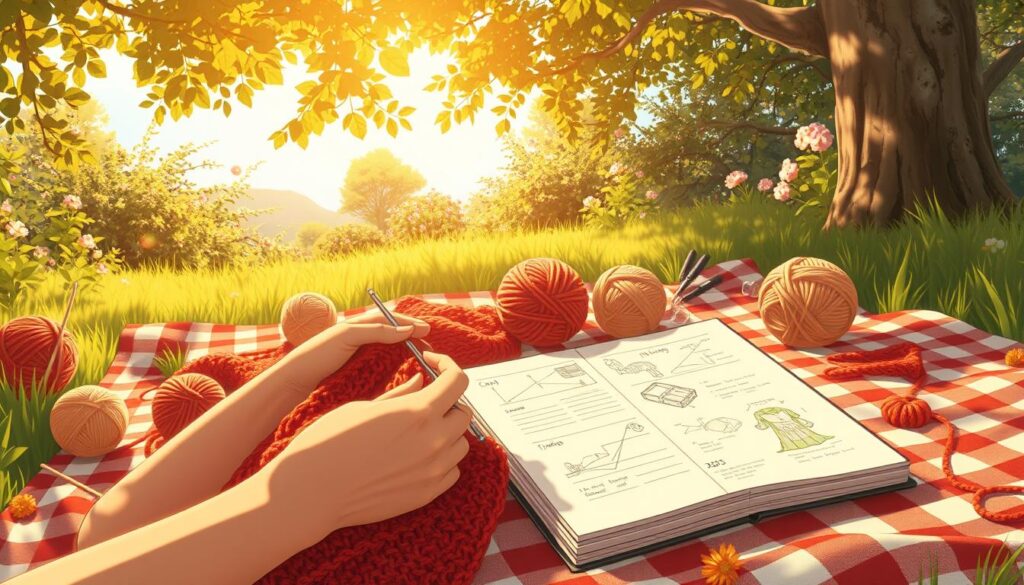 A serene summer scene depicting a cozy knitting setup outdoors under a shady tree. In the foreground, a pair of hands expertly knitting with soft yarn in warm autumn colors (like deep reds, oranges, and golds). Around the hands, scattered knitting needles, small balls of yarn, and a half-finished project, perhaps a cozy scarf. In the middle, a checkered picnic blanket holds an open planner filled with sketches and notes on fall designs. In the background, a sunlit garden with blooming flowers and a gentle breeze waving through the leaves. The lighting is warm and inviting, suggesting a tranquil afternoon. The mood is relaxed and focused, perfect for inspiring summer knitting projects that prepare for the fall season ahead. A serene summer scene depicting a cozy knitting setup outdoors under a shady tree. In the foreground, a pair of hands expertly knitting with soft yarn in warm autumn colors (like deep reds, oranges, and golds). Around the hands, scattered knitting needles, small balls of yarn, and a half-finished project, perhaps a cozy scarf. In the middle, a checkered picnic blanket holds an open planner filled with sketches and notes on fall designs. In the background, a sunlit garden with blooming flowers and a gentle breeze waving through the leaves. The lighting is warm and inviting, suggesting a tranquil afternoon. The mood is relaxed and focused, perfect for inspiring summer knitting projects that prepare for the fall season ahead.