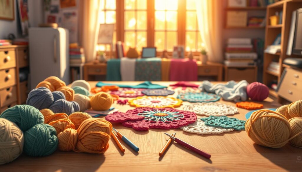 A vibrant workspace featuring a variety of customized no-sew crochet patterns laid out on a wooden table. In the foreground, several colorful skeins of yarn are neatly organized alongside crochet hooks and fabric swatches. The middle ground showcases intricate no-sew crochet pieces in bright colors and unique designs, inviting viewers to imagine the possibilities. In the background, a softly lit window bathed in warm natural light highlights the textures of the yarn and fabric. The atmosphere is cozy and creative, perfect for crafting. Use a shallow depth of field to focus on the patterns while gently blurring the surroundings, creating an inviting and inspiring scene for crafters. A vibrant workspace featuring a variety of customized no-sew crochet patterns laid out on a wooden table. In the foreground, several colorful skeins of yarn are neatly organized alongside crochet hooks and fabric swatches. The middle ground showcases intricate no-sew crochet pieces in bright colors and unique designs, inviting viewers to imagine the possibilities. In the background, a softly lit window bathed in warm natural light highlights the textures of the yarn and fabric. The atmosphere is cozy and creative, perfect for crafting. Use a shallow depth of field to focus on the patterns while gently blurring the surroundings, creating an inviting and inspiring scene for crafters.