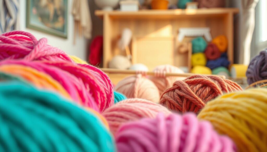 Vividly showcase a collection of vibrant acrylic yarns in a variety of colors and textures, neatly arranged in skeins and balls. In the foreground, a close-up view highlights the soft, glossy fibers, emphasizing the sheen and intricate twist of the yarn strands. In the middle ground, a cozy knitting setup features a pair of wooden needles and an unfinished project, hinting at creative potential. The background subtly incorporates a warmly lit crafting space, with a shelf displaying various knitting tools and materials, creating a welcoming atmosphere. Use natural lighting to enhance the colors of the yarn, focusing on a slightly blurred depth of field to draw attention to the foreground, while maintaining a soft, inviting feel throughout the scene. Vividly showcase a collection of vibrant acrylic yarns in a variety of colors and textures, neatly arranged in skeins and balls. In the foreground, a close-up view highlights the soft, glossy fibers, emphasizing the sheen and intricate twist of the yarn strands. In the middle ground, a cozy knitting setup features a pair of wooden needles and an unfinished project, hinting at creative potential. The background subtly incorporates a warmly lit crafting space, with a shelf displaying various knitting tools and materials, creating a welcoming atmosphere. Use natural lighting to enhance the colors of the yarn, focusing on a slightly blurred depth of field to draw attention to the foreground, while maintaining a soft, inviting feel throughout the scene.