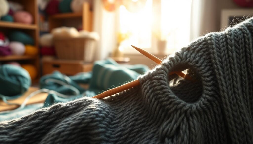 A beautifully arranged knitting setup showcasing detailed underarm holes in a seamless sweater. In the foreground, a close-up of exquisite knitting stitches, with soft yarn in a rich color palette of deep teal and warm gray, highlighting the texture and craftsmanship. The middle ground features a pair of well-used wooden knitting needles, intricately positioned, while a partially completed sweater drapes elegantly nearby, emphasizing the underarm area. The background softly blurs into a cozy, sunlit crafting space adorned with colorful yarns and a gentle, ambient glow streaming through a nearby window, creating a warm and inviting atmosphere. Capture this scene with soft lighting and a slightly elevated angle for depth, evoking a mood of tranquility and focus in the art of knitting. A beautifully arranged knitting setup showcasing detailed underarm holes in a seamless sweater. In the foreground, a close-up of exquisite knitting stitches, with soft yarn in a rich color palette of deep teal and warm gray, highlighting the texture and craftsmanship. The middle ground features a pair of well-used wooden knitting needles, intricately positioned, while a partially completed sweater drapes elegantly nearby, emphasizing the underarm area. The background softly blurs into a cozy, sunlit crafting space adorned with colorful yarns and a gentle, ambient glow streaming through a nearby window, creating a warm and inviting atmosphere. Capture this scene with soft lighting and a slightly elevated angle for depth, evoking a mood of tranquility and focus in the art of knitting.