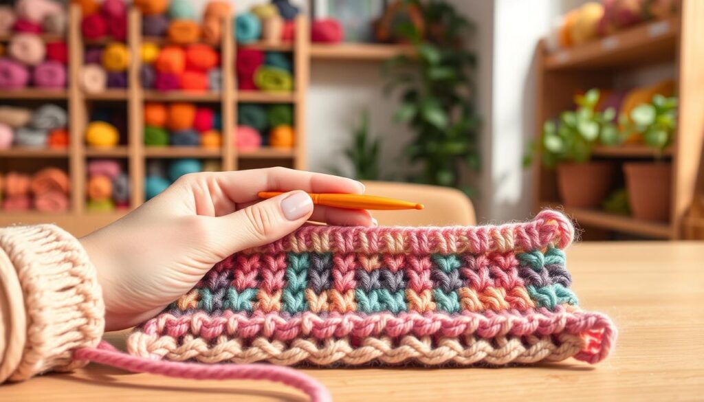 A beautifully arranged workspace showcasing the Tunisian Simple Stitch technique in vibrant yarns. In the foreground, a close-up of hands working with a brightly colored Tunisian crochet hook, expertly pulling loops through a foundation row made of soft, textured yarn. The middle ground features a swatch of completed stitches in various colors, highlighting the unique texture and pattern of Tunisian crochet. The background is softly blurred, depicting shelves lined with a rainbow of yarn skeins and a subtle hint of potted plants for a cozy, inviting atmosphere. The lighting is warm and diffused, casting gentle shadows that enhance the tactile feel of the yarns. The mood is creative and peaceful, inspiring a sense of craftsmanship and artistry in the Tunisian stitch technique. A beautifully arranged workspace showcasing the Tunisian Simple Stitch technique in vibrant yarns. In the foreground, a close-up of hands working with a brightly colored Tunisian crochet hook, expertly pulling loops through a foundation row made of soft, textured yarn. The middle ground features a swatch of completed stitches in various colors, highlighting the unique texture and pattern of Tunisian crochet. The background is softly blurred, depicting shelves lined with a rainbow of yarn skeins and a subtle hint of potted plants for a cozy, inviting atmosphere. The lighting is warm and diffused, casting gentle shadows that enhance the tactile feel of the yarns. The mood is creative and peaceful, inspiring a sense of craftsmanship and artistry in the Tunisian stitch technique.