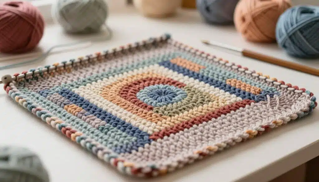 A beautifully crafted 6x6 knitting swatch displayed prominently in the foreground, showcasing a detailed stitch pattern with a smooth, consistent texture. Rich yarn colors blend harmoniously, capturing a cozy, inviting atmosphere. The edges of the swatch are neatly finished, emphasizing precision and care in the knitting process. In the middle ground, a pair of knitting needles rests gently beside the swatch, hinting at the crafting process. Soft, diffused natural light bathes the scene, creating a warm ambiance and highlighting the fibers' details. The background consists of a blurred, softly colored workspace with hints of other knitting supplies, enhancing the focus on the swatch. The overall mood is calm and focused, inspiring creativity and attention to detail in knitting. A beautifully crafted 6x6 knitting swatch displayed prominently in the foreground, showcasing a detailed stitch pattern with a smooth, consistent texture. Rich yarn colors blend harmoniously, capturing a cozy, inviting atmosphere. The edges of the swatch are neatly finished, emphasizing precision and care in the knitting process. In the middle ground, a pair of knitting needles rests gently beside the swatch, hinting at the crafting process. Soft, diffused natural light bathes the scene, creating a warm ambiance and highlighting the fibers' details. The background consists of a blurred, softly colored workspace with hints of other knitting supplies, enhancing the focus on the swatch. The overall mood is calm and focused, inspiring creativity and attention to detail in knitting.