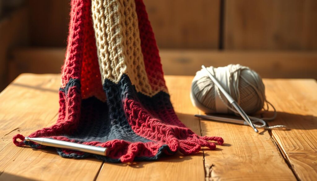 A beautifully crafted tri-color Tunisian scarf displayed elegantly on a rustic wooden table. The scarf features vibrant hues of deep red, soft beige, and rich navy blue, showcasing intricate Tunisian stitch patterns that highlight its texture and craftsmanship. In the foreground, the fabric drapes gently, casting soft shadows with intricate stitch details visible up close. In the middle ground, a pair of crochet hooks rests beside a neatly folded ball of yarn, adding to the crafting ambiance. The background is softly blurred, with warm, natural lighting that creates a cozy atmosphere, reminiscent of a welcoming crafting space. Emphasize a sense of tranquility and creativity, inviting viewers to explore the art of Tunisian crochet. A beautifully crafted tri-color Tunisian scarf displayed elegantly on a rustic wooden table. The scarf features vibrant hues of deep red, soft beige, and rich navy blue, showcasing intricate Tunisian stitch patterns that highlight its texture and craftsmanship. In the foreground, the fabric drapes gently, casting soft shadows with intricate stitch details visible up close. In the middle ground, a pair of crochet hooks rests beside a neatly folded ball of yarn, adding to the crafting ambiance. The background is softly blurred, with warm, natural lighting that creates a cozy atmosphere, reminiscent of a welcoming crafting space. Emphasize a sense of tranquility and creativity, inviting viewers to explore the art of Tunisian crochet.