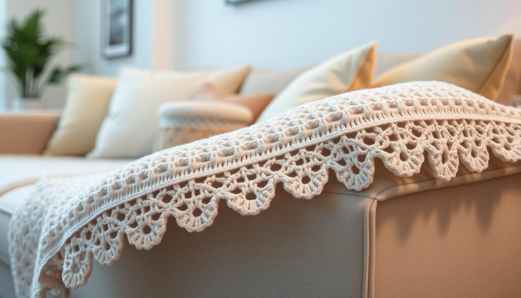 A beautifully finished knitted blanket with a delicate crochet edging, showcasing intricate patterns of lace and scallops. The blanket is draped elegantly over a soft, neutral-toned couch in a cozy living room setting. The foreground features the edge of the blanket with a focus on the crochet details, highlighting the textured yarns in pastel hues. In the middle ground, hints of decorative pillows and a small knitted basket are visible, enhancing the warm atmosphere. The background includes a softly lit, inviting space with ambient lighting that casts gentle shadows, contributing to the serene mood. The image is captured from a slightly elevated angle, allowing for a sweeping view of the crochet work as the main focal point. A beautifully finished knitted blanket with a delicate crochet edging, showcasing intricate patterns of lace and scallops. The blanket is draped elegantly over a soft, neutral-toned couch in a cozy living room setting. The foreground features the edge of the blanket with a focus on the crochet details, highlighting the textured yarns in pastel hues. In the middle ground, hints of decorative pillows and a small knitted basket are visible, enhancing the warm atmosphere. The background includes a softly lit, inviting space with ambient lighting that casts gentle shadows, contributing to the serene mood. The image is captured from a slightly elevated angle, allowing for a sweeping view of the crochet work as the main focal point.