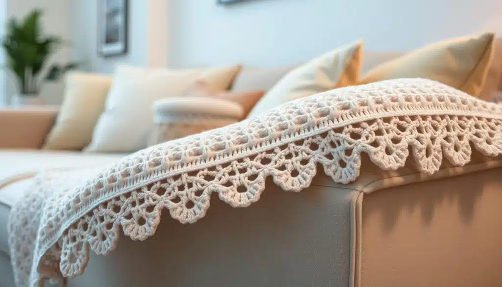 A beautifully finished knitted blanket with a delicate crochet edging, showcasing intricate patterns of lace and scallops. The blanket is draped elegantly over a soft, neutral-toned couch in a cozy living room setting. The foreground features the edge of the blanket with a focus on the crochet details, highlighting the textured yarns in pastel hues. In the middle ground, hints of decorative pillows and a small knitted basket are visible, enhancing the warm atmosphere. The background includes a softly lit, inviting space with ambient lighting that casts gentle shadows, contributing to the serene mood. The image is captured from a slightly elevated angle, allowing for a sweeping view of the crochet work as the main focal point. A beautifully finished knitted blanket with a delicate crochet edging, showcasing intricate patterns of lace and scallops. The blanket is draped elegantly over a soft, neutral-toned couch in a cozy living room setting. The foreground features the edge of the blanket with a focus on the crochet details, highlighting the textured yarns in pastel hues. In the middle ground, hints of decorative pillows and a small knitted basket are visible, enhancing the warm atmosphere. The background includes a softly lit, inviting space with ambient lighting that casts gentle shadows, contributing to the serene mood. The image is captured from a slightly elevated angle, allowing for a sweeping view of the crochet work as the main focal point.