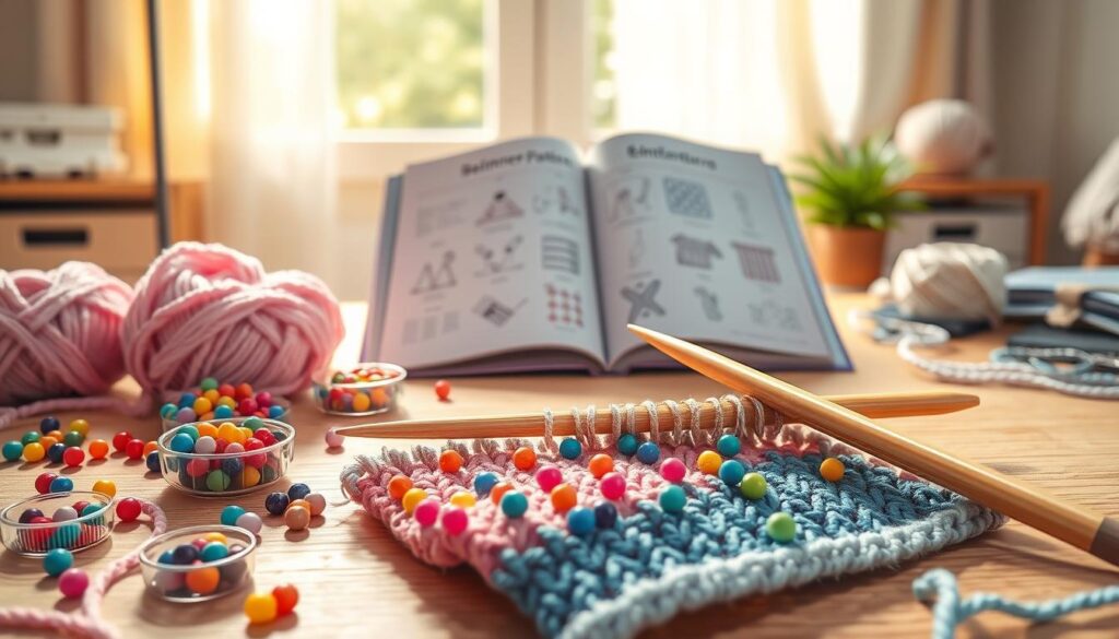 A close-up scene of a cozy desk setup featuring beaded knitting projects for beginners. In the foreground, a pair of beginner-friendly bamboo knitting needles rests on a vibrant, partially knitted swatch adorned with colorful beads. Scattered around are small, organized containers of beads in various shapes and colors, with a gentle hand reaching for one. In the middle, an open instruction book showcases illustrated beginner patterns, with clear visuals of knitting techniques. The background softly fades into a warm, inviting room filled with natural light coming through a window, highlighting the softly textured yarn in pastel shades. The overall mood is encouraging and creative, perfect for someone starting their beaded knitting journey. The lighting is bright yet soft, enhancing the warmth and potential of crafting. A close-up scene of a cozy desk setup featuring beaded knitting projects for beginners. In the foreground, a pair of beginner-friendly bamboo knitting needles rests on a vibrant, partially knitted swatch adorned with colorful beads. Scattered around are small, organized containers of beads in various shapes and colors, with a gentle hand reaching for one. In the middle, an open instruction book showcases illustrated beginner patterns, with clear visuals of knitting techniques. The background softly fades into a warm, inviting room filled with natural light coming through a window, highlighting the softly textured yarn in pastel shades. The overall mood is encouraging and creative, perfect for someone starting their beaded knitting journey. The lighting is bright yet soft, enhancing the warmth and potential of crafting.