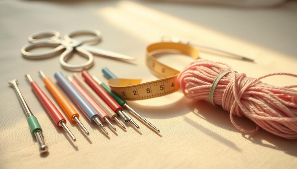 A close-up view of a beautifully arranged set of micro crochet tools displayed on a soft, light-colored fabric background. In the foreground, several tiny crochet hooks made of shiny metal and vibrant-colored plastic, alongside a selection of fine threads in pastel shades, are meticulously organized. In the middle ground, a pair of sharp scissors, a measuring tape, and a needle for weaving in ends are placed artfully to enhance the composition. Soft, warm lighting illuminates the tools, casting gentle shadows that accentuate their delicate details. The background fades into a creamy texture, creating a serene, inviting atmosphere that embodies the joy of crafting. This setting conveys a sense of calm and creativity, perfect for inspiring beginners in the art of micro crochet. A close-up view of a beautifully arranged set of micro crochet tools displayed on a soft, light-colored fabric background. In the foreground, several tiny crochet hooks made of shiny metal and vibrant-colored plastic, alongside a selection of fine threads in pastel shades, are meticulously organized. In the middle ground, a pair of sharp scissors, a measuring tape, and a needle for weaving in ends are placed artfully to enhance the composition. Soft, warm lighting illuminates the tools, casting gentle shadows that accentuate their delicate details. The background fades into a creamy texture, creating a serene, inviting atmosphere that embodies the joy of crafting. This setting conveys a sense of calm and creativity, perfect for inspiring beginners in the art of micro crochet.