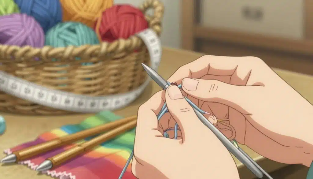 A close-up view of a pair of hands holding a variety of knitting needles, showing different sizes and materials, with a focus on changing a needle size for knitting gauge. In the foreground, display metallic and bamboo needles, resting on a colorful yarn swatch; the hands should be gently adjusting the needle size with a thoughtful expression. In the middle, show a slightly blurred background of a cozy knitting environment featuring soft lighting, a knitting basket overflowing with yarn, and a measuring tape. The atmosphere should convey warmth and creativity, with a softly blurred background to keep the focus on the hands and needles. A shallow depth of field to emphasize the details of the needle adjustment and yarn texture, evoking a sense of care and precision in the knitting process. A close-up view of a pair of hands holding a variety of knitting needles, showing different sizes and materials, with a focus on changing a needle size for knitting gauge. In the foreground, display metallic and bamboo needles, resting on a colorful yarn swatch; the hands should be gently adjusting the needle size with a thoughtful expression. In the middle, show a slightly blurred background of a cozy knitting environment featuring soft lighting, a knitting basket overflowing with yarn, and a measuring tape. The atmosphere should convey warmth and creativity, with a softly blurred background to keep the focus on the hands and needles. A shallow depth of field to emphasize the details of the needle adjustment and yarn texture, evoking a sense of care and precision in the knitting process.