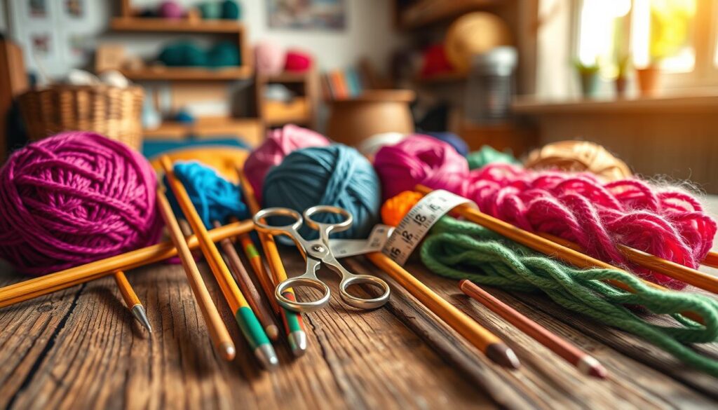 A close-up view of an assortment of knitting needles made from various materials, including sleek metal, warm bamboo, and colorful plastic, arranged artfully on a rustic wooden table. In the foreground, the needles are displayed with yarn in vibrant colors like deep blues, bright pinks, and fresh greens, creating a lively contrast. The middle of the image features a pair of elegant scissors and a measuring tape, subtly hinting at the tools of the craft. In the background, softly blurred, there are skeins of yarn and a cozy, well-lit workspace, with natural light streaming in from a nearby window. The overall mood is energetic and creative, inviting viewers into a world of inspiration and craft. Use a soft focus effect with warm lighting to create an inviting atmosphere. A close-up view of an assortment of knitting needles made from various materials, including sleek metal, warm bamboo, and colorful plastic, arranged artfully on a rustic wooden table. In the foreground, the needles are displayed with yarn in vibrant colors like deep blues, bright pinks, and fresh greens, creating a lively contrast. The middle of the image features a pair of elegant scissors and a measuring tape, subtly hinting at the tools of the craft. In the background, softly blurred, there are skeins of yarn and a cozy, well-lit workspace, with natural light streaming in from a nearby window. The overall mood is energetic and creative, inviting viewers into a world of inspiration and craft. Use a soft focus effect with warm lighting to create an inviting atmosphere.
