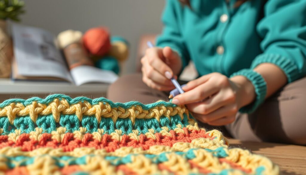 A close-up view of beautifully crocheted fabric showcasing a puckered edge, with intricate stitches in vibrant yarn colors like teal, coral, and soft yellow. The foreground features a section of the fabric that clearly displays the puckered edge technique, highlighting the texture and detail of the stitches. In the middle, a pair of hands, dressed in modest casual attire, skillfully manipulating the yarn with crochet hooks, focused on the work. The background softly blurs out a cozy, well-lit crafting space with skeins of yarn and a crochet pattern book, creating a warm and inviting atmosphere. The lighting is natural, casting gentle shadows that emphasize the depth and intricacy of the crochet work, capturing a sense of calm and creativity in the craft. A close-up view of beautifully crocheted fabric showcasing a puckered edge, with intricate stitches in vibrant yarn colors like teal, coral, and soft yellow. The foreground features a section of the fabric that clearly displays the puckered edge technique, highlighting the texture and detail of the stitches. In the middle, a pair of hands, dressed in modest casual attire, skillfully manipulating the yarn with crochet hooks, focused on the work. The background softly blurs out a cozy, well-lit crafting space with skeins of yarn and a crochet pattern book, creating a warm and inviting atmosphere. The lighting is natural, casting gentle shadows that emphasize the depth and intricacy of the crochet work, capturing a sense of calm and creativity in the craft.