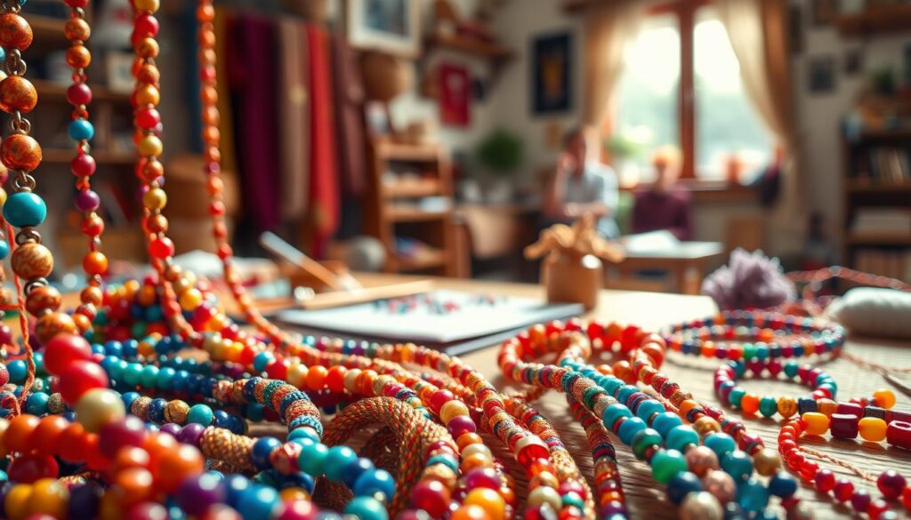 A close-up view of exquisite knitted bead jewelry, featuring an array of vibrant, handcrafted necklaces and bracelets. The foreground displays intricate patterns of colorful beads woven together with fine yarn, showcasing unique textures and designs. In the middle ground, a softly blurred display of tools such as knitting needles and a beading mat hints at the crafting process. In the background, a warm, inviting workspace filled with natural light filters through a nearby window, enhancing the cozy atmosphere. The lighting is soft and diffused, highlighting the brilliance of the beads while casting gentle shadows, creating an artisanal feel to the scene. Capture this moment with a shallow depth of field to emphasize the craftsmanship and creativity in beaded knitting. A close-up view of exquisite knitted bead jewelry, featuring an array of vibrant, handcrafted necklaces and bracelets. The foreground displays intricate patterns of colorful beads woven together with fine yarn, showcasing unique textures and designs. In the middle ground, a softly blurred display of tools such as knitting needles and a beading mat hints at the crafting process. In the background, a warm, inviting workspace filled with natural light filters through a nearby window, enhancing the cozy atmosphere. The lighting is soft and diffused, highlighting the brilliance of the beads while casting gentle shadows, creating an artisanal feel to the scene. Capture this moment with a shallow depth of field to emphasize the craftsmanship and creativity in beaded knitting.