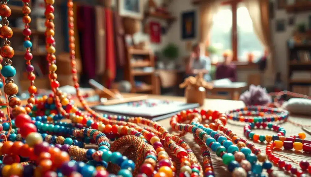 A close-up view of exquisite knitted bead jewelry, featuring an array of vibrant, handcrafted necklaces and bracelets. The foreground displays intricate patterns of colorful beads woven together with fine yarn, showcasing unique textures and designs. In the middle ground, a softly blurred display of tools such as knitting needles and a beading mat hints at the crafting process. In the background, a warm, inviting workspace filled with natural light filters through a nearby window, enhancing the cozy atmosphere. The lighting is soft and diffused, highlighting the brilliance of the beads while casting gentle shadows, creating an artisanal feel to the scene. Capture this moment with a shallow depth of field to emphasize the craftsmanship and creativity in beaded knitting. A close-up view of exquisite knitted bead jewelry, featuring an array of vibrant, handcrafted necklaces and bracelets. The foreground displays intricate patterns of colorful beads woven together with fine yarn, showcasing unique textures and designs. In the middle ground, a softly blurred display of tools such as knitting needles and a beading mat hints at the crafting process. In the background, a warm, inviting workspace filled with natural light filters through a nearby window, enhancing the cozy atmosphere. The lighting is soft and diffused, highlighting the brilliance of the beads while casting gentle shadows, creating an artisanal feel to the scene. Capture this moment with a shallow depth of field to emphasize the craftsmanship and creativity in beaded knitting.