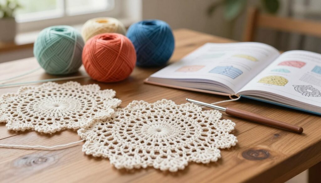 A close-up view of various crochet lace techniques displayed on a wooden table, showcasing intricate patterns and textures. In the foreground, focus on delicate lacework made from fine cotton yarn, with a crochet hook inserted elegantly into a piece. In the middle, feature a few skeins of colorful yarn and an open crochet pattern book with diagrams and instructions. The background should be softly blurred, hinting at a cozy crafting nook with warm, natural lighting filtering through a nearby window, creating a tranquil, inviting atmosphere. Emphasize clarity and detail in the lace patterns, conveying a sense of craftsmanship and artistry. A close-up view of various crochet lace techniques displayed on a wooden table, showcasing intricate patterns and textures. In the foreground, focus on delicate lacework made from fine cotton yarn, with a crochet hook inserted elegantly into a piece. In the middle, feature a few skeins of colorful yarn and an open crochet pattern book with diagrams and instructions. The background should be softly blurred, hinting at a cozy crafting nook with warm, natural lighting filtering through a nearby window, creating a tranquil, inviting atmosphere. Emphasize clarity and detail in the lace patterns, conveying a sense of craftsmanship and artistry.