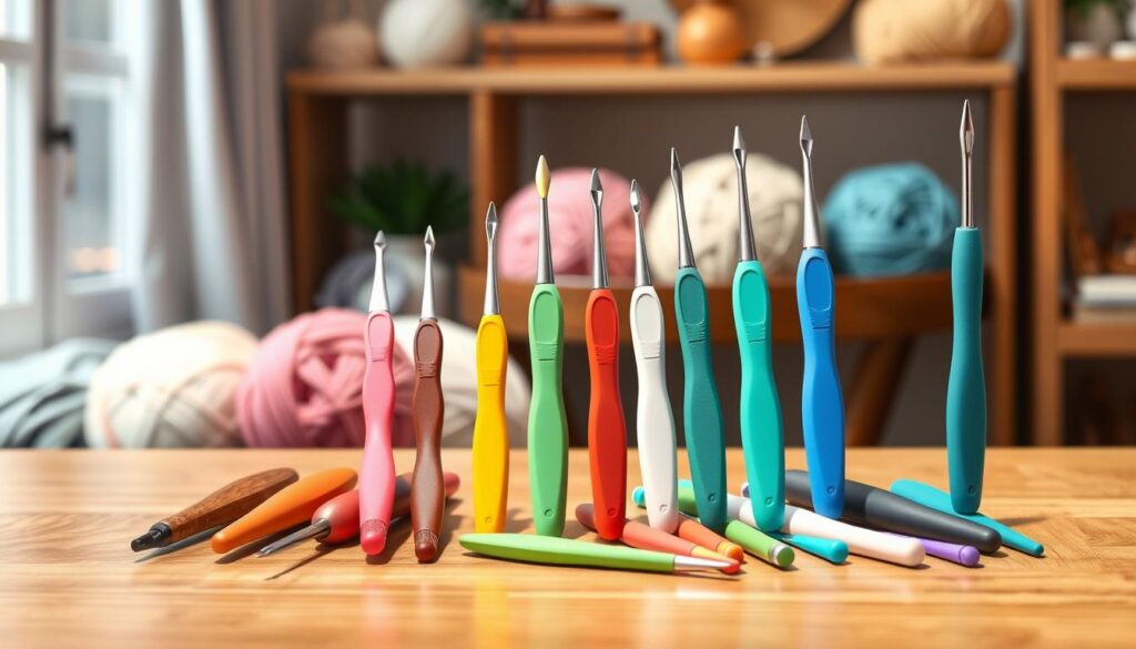 A collection of budget-friendly ergonomic crochet hooks displayed on a stylish wooden table, showcasing various colors and sizes. The hooks feature soft, comfortable grips and streamlined designs, emphasizing their affordability without compromising on quality. In the background, a soft-focus image of a cozy, well-lit crafting nook with yarn balls in subtle pastel colors creates a warm and inviting atmosphere. The lighting is bright yet gentle, highlighting the textures of the hooks and yarn, with an aperture that softly blurs the background for depth. The scene conveys a sense of comfort and creativity, perfect for crafters seeking ergonomic solutions on a budget. A collection of budget-friendly ergonomic crochet hooks displayed on a stylish wooden table, showcasing various colors and sizes. The hooks feature soft, comfortable grips and streamlined designs, emphasizing their affordability without compromising on quality. In the background, a soft-focus image of a cozy, well-lit crafting nook with yarn balls in subtle pastel colors creates a warm and inviting atmosphere. The lighting is bright yet gentle, highlighting the textures of the hooks and yarn, with an aperture that softly blurs the background for depth. The scene conveys a sense of comfort and creativity, perfect for crafters seeking ergonomic solutions on a budget.