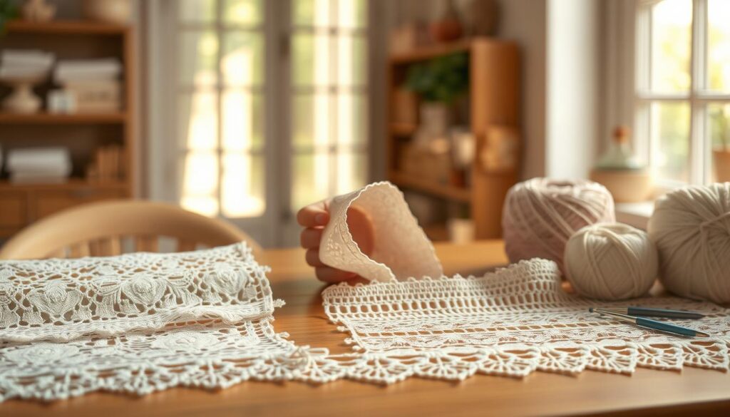 A collection of exquisite decorative crochet edgings displayed elegantly on a wooden table. In the foreground, intricate crochet lace samples, featuring delicate scallops and floral motifs, showcase a variety of yarn textures in soft pastel colors. In the middle, a pair of artisan hands gently unrolling a finished edge, demonstrating the handmade craftsmanship. The background features a blurred, softly lit room with warm natural light filtering through a window, casting a gentle glow on the yarn spools and crochet hooks, enhancing the comforting, creative atmosphere. The mood is serene and inviting, celebrating the beauty of handcrafted details in crochet projects, emphasizing elegance and artistry. The focus is on the crochet work, capturing the essence of decorative edgings, with no text or distractions present. A collection of exquisite decorative crochet edgings displayed elegantly on a wooden table. In the foreground, intricate crochet lace samples, featuring delicate scallops and floral motifs, showcase a variety of yarn textures in soft pastel colors. In the middle, a pair of artisan hands gently unrolling a finished edge, demonstrating the handmade craftsmanship. The background features a blurred, softly lit room with warm natural light filtering through a window, casting a gentle glow on the yarn spools and crochet hooks, enhancing the comforting, creative atmosphere. The mood is serene and inviting, celebrating the beauty of handcrafted details in crochet projects, emphasizing elegance and artistry. The focus is on the crochet work, capturing the essence of decorative edgings, with no text or distractions present.
