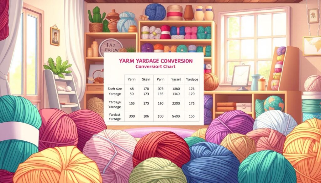 A colorful and informative illustration depicting a "yarn yardage conversion" chart, showcasing various skein sizes and their respective yardage. In the foreground, neatly arranged skeins of yarn in a variety of textures and colors, each labeled with its yardage information. In the middle, a clear and visually appealing conversion chart, graphically illustrating the relationship between skein sizes and yardage for different types of yarn. The background features a cozy, well-lit crafting space with shelves filled with additional yarn and crafting supplies, creating an inviting atmosphere. Soft, natural light filters through a nearby window, enhancing the vibrant colors of the yarn. The overall mood is warm and inspiring, perfect for a crafting enthusiast. A colorful and informative illustration depicting a "yarn yardage conversion" chart, showcasing various skein sizes and their respective yardage. In the foreground, neatly arranged skeins of yarn in a variety of textures and colors, each labeled with its yardage information. In the middle, a clear and visually appealing conversion chart, graphically illustrating the relationship between skein sizes and yardage for different types of yarn. The background features a cozy, well-lit crafting space with shelves filled with additional yarn and crafting supplies, creating an inviting atmosphere. Soft, natural light filters through a nearby window, enhancing the vibrant colors of the yarn. The overall mood is warm and inspiring, perfect for a crafting enthusiast.