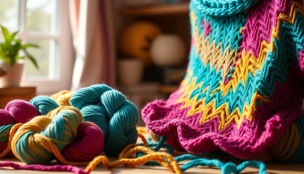 A colorful knitting scene showcasing advanced color play techniques. In the foreground, a set of beautifully arranged skeins of yarn in vibrant shades of teal, magenta, and mustard, lovingly intertwined. The middle ground features a partially knitted shawl that highlights intricate patterns of contrasting colors, showcasing balance and intentional accents. Subtle shadows cast by the yarn create depth. In the background, soft natural light flows through a nearby window, illuminating the space with a warm glow. The mood is inviting and creative, emphasizing the artistry of color theory in knitting. Use a shallow depth of field to keep the focus on the knitting elements, with a gentle bokeh effect in the background for a serene atmosphere. A colorful knitting scene showcasing advanced color play techniques. In the foreground, a set of beautifully arranged skeins of yarn in vibrant shades of teal, magenta, and mustard, lovingly intertwined. The middle ground features a partially knitted shawl that highlights intricate patterns of contrasting colors, showcasing balance and intentional accents. Subtle shadows cast by the yarn create depth. In the background, soft natural light flows through a nearby window, illuminating the space with a warm glow. The mood is inviting and creative, emphasizing the artistry of color theory in knitting. Use a shallow depth of field to keep the focus on the knitting elements, with a gentle bokeh effect in the background for a serene atmosphere.