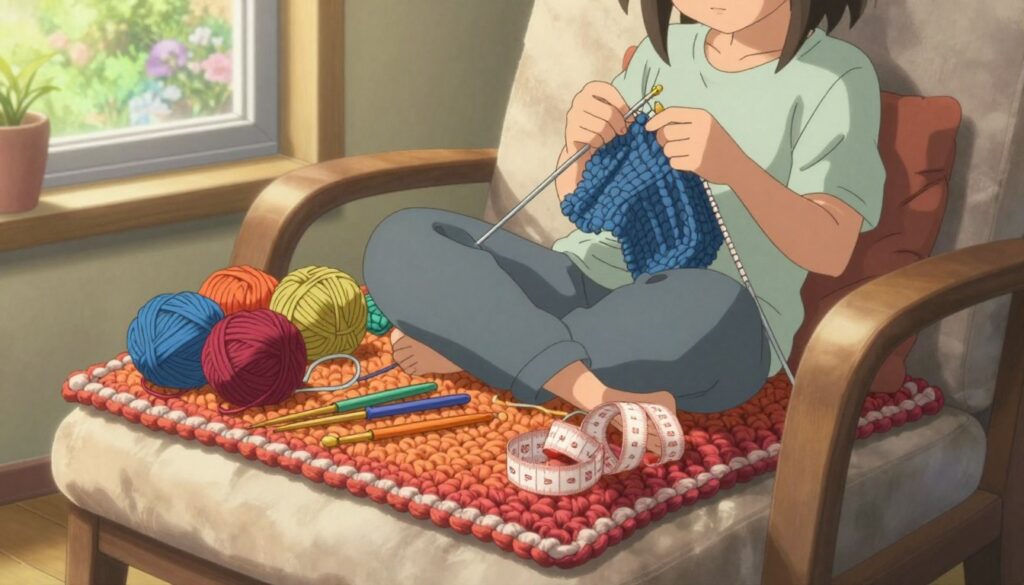 A cozy and inviting scene featuring a knitting lap pad set on a soft, textured chair. In the foreground, the lap pad is vividly textured, showcasing a variety of colorful, yarn skeins and tools like ergonomic knitting needles and a measuring tape neatly arranged on it. The middle layer includes a person in modest casual clothing, comfortably knitting, with a serene look of focus and relaxation on their face. Soft, warm lighting illuminates the scene, casting gentle shadows that enhance the homey atmosphere. In the background, a window reveals a soothing garden view, adding a hint of nature to the tranquil setting. The overall mood conveys comfort and creativity, perfectly embodying the ergonomic knitting experience. A cozy and inviting scene featuring a knitting lap pad set on a soft, textured chair. In the foreground, the lap pad is vividly textured, showcasing a variety of colorful, yarn skeins and tools like ergonomic knitting needles and a measuring tape neatly arranged on it. The middle layer includes a person in modest casual clothing, comfortably knitting, with a serene look of focus and relaxation on their face. Soft, warm lighting illuminates the scene, casting gentle shadows that enhance the homey atmosphere. In the background, a window reveals a soothing garden view, adding a hint of nature to the tranquil setting. The overall mood conveys comfort and creativity, perfectly embodying the ergonomic knitting experience.