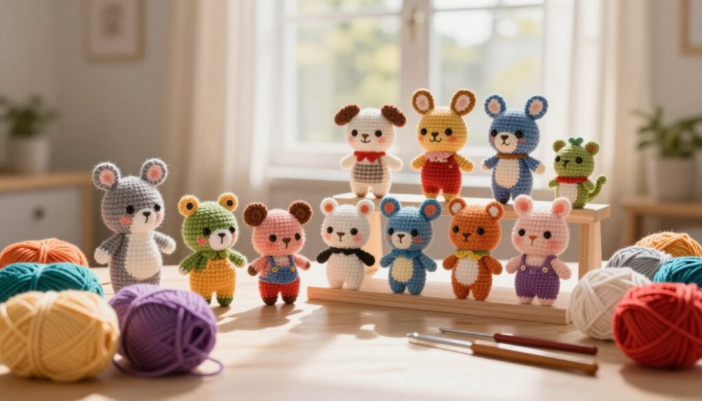 A cozy, inviting workspace arranged for crochet photography, focusing on an array of vibrant amigurumi creations like cute animals and whimsical characters. In the foreground, a table is adorned with colorful skeins of yarn, crochet hooks, and a small, artistic display of finished amigurumi pieces, creatively positioned to catch the eye. The middle ground features a soft, blurred background of a sunlit window with sheer curtains filtering warm light, enhancing the cozy atmosphere. Use natural lighting to create soft shadows and highlights, capturing the texture of the yarn. The scene reflects a sense of creativity and community, inviting viewers to share and promote their own amigurumi crafts. Use a shallow depth of field for a dreamy effect, emphasizing the handmade charm and artistic flair of the crochet work. A cozy, inviting workspace arranged for crochet photography, focusing on an array of vibrant amigurumi creations like cute animals and whimsical characters. In the foreground, a table is adorned with colorful skeins of yarn, crochet hooks, and a small, artistic display of finished amigurumi pieces, creatively positioned to catch the eye. The middle ground features a soft, blurred background of a sunlit window with sheer curtains filtering warm light, enhancing the cozy atmosphere. Use natural lighting to create soft shadows and highlights, capturing the texture of the yarn. The scene reflects a sense of creativity and community, inviting viewers to share and promote their own amigurumi crafts. Use a shallow depth of field for a dreamy effect, emphasizing the handmade charm and artistic flair of the crochet work.