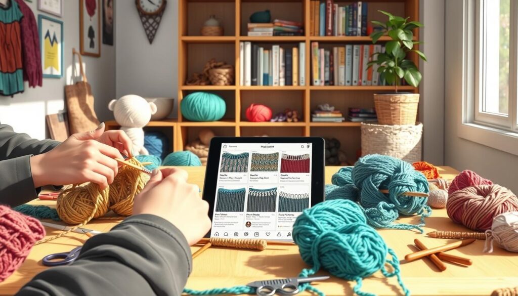A cozy knit studio workspace featuring a well-organized table with vibrant yarns in various colors and textures, scattered tools like knitting needles and scissors, and several completed knitting projects showcasing edges and patterns. In the foreground, a close-up of a person's hands elegantly knitting, dressed in casual but professional attire, focusing on troubleshooting common knitting mistakes. In the middle, an arrangement of Instagram posts displayed on a tablet, depicting various knitting fixes, with clear visuals of before-and-after edge work. The background includes a softly lit shelf lined with knitting books and a plant, creating a warm and inviting atmosphere that feels creative and inspiring. The scene is illuminated with natural sunlight streaming through a window, casting gentle shadows. A cozy knit studio workspace featuring a well-organized table with vibrant yarns in various colors and textures, scattered tools like knitting needles and scissors, and several completed knitting projects showcasing edges and patterns. In the foreground, a close-up of a person's hands elegantly knitting, dressed in casual but professional attire, focusing on troubleshooting common knitting mistakes. In the middle, an arrangement of Instagram posts displayed on a tablet, depicting various knitting fixes, with clear visuals of before-and-after edge work. The background includes a softly lit shelf lined with knitting books and a plant, creating a warm and inviting atmosphere that feels creative and inspiring. The scene is illuminated with natural sunlight streaming through a window, casting gentle shadows.